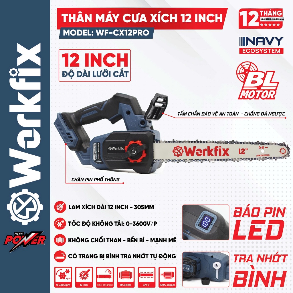 Máy Cưa Xích Pin 12 Inch Workfix WF-CX12PRO Không Chổi Than – Lam 305mm – Tra Nhớt Tự Động – Tốc Độ 3600rpm