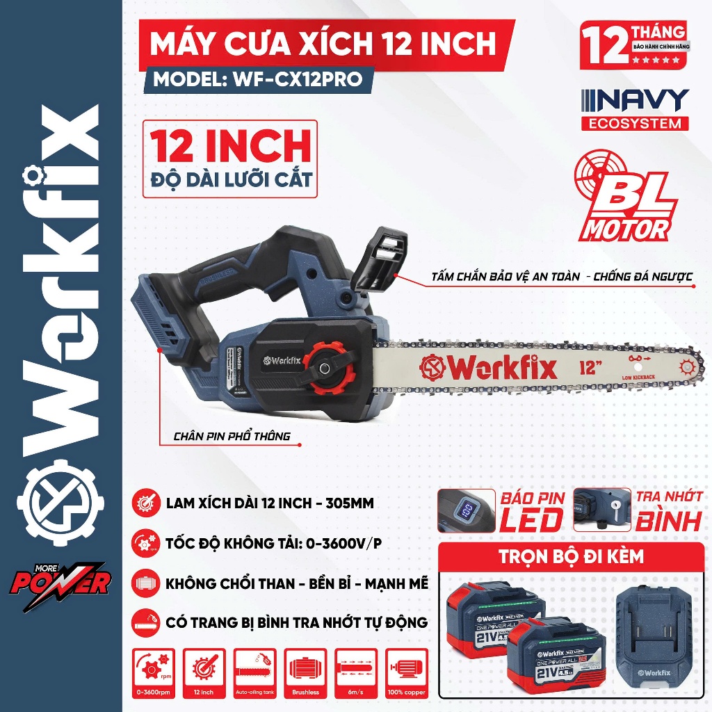 [MỚI- Tặng Thước Dây] Máy Cưa Xích 12inch WORKFIX WF-CX12PRO, Tra Nhớt Tự Động, Pin 15CELL