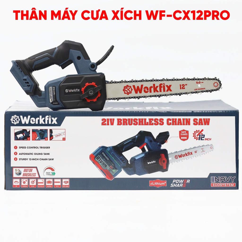 [MỚI- Tặng Thước Dây] Máy Cưa Xích 12inch WORKFIX WF-CX12PRO, Tra Nhớt Tự Động, Pin 15CELL
