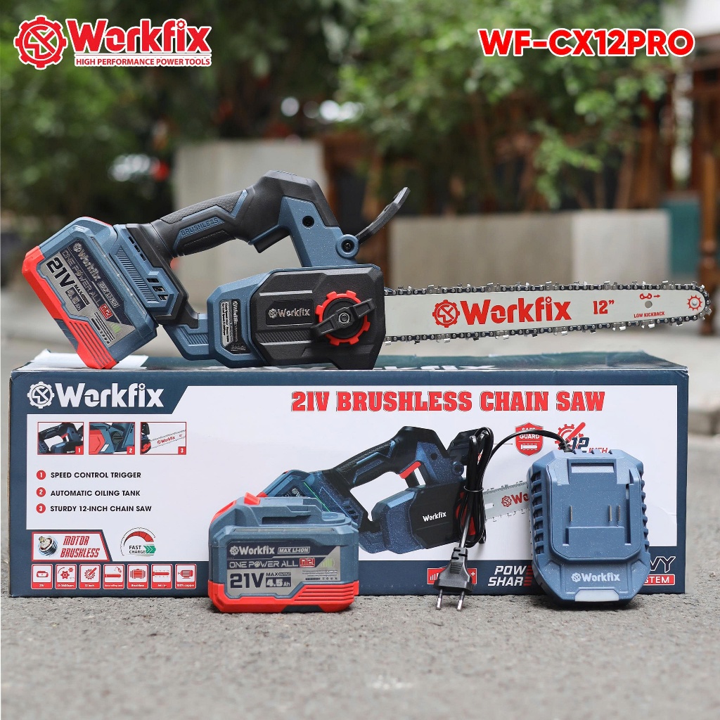 [MỚI- Tặng Thước Dây] Máy Cưa Xích 12inch WORKFIX WF-CX12PRO, Tra Nhớt Tự Động, Pin 15CELL