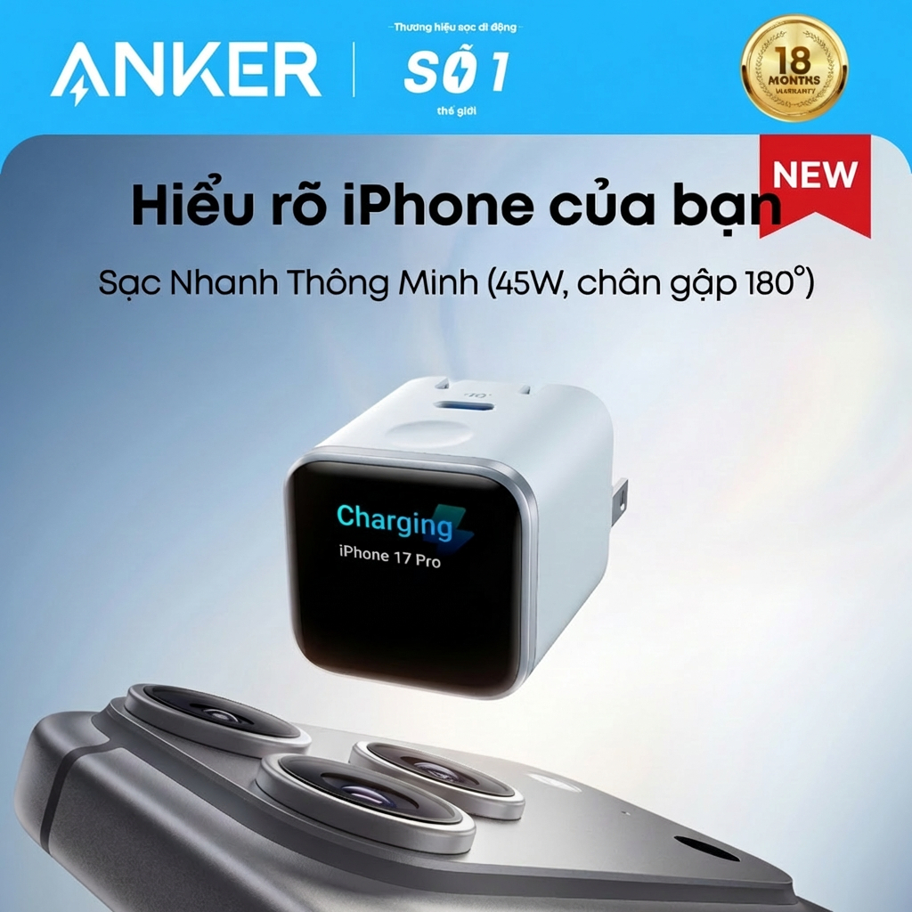 Sạc Anker Nano 45W, Sạc Nhanh USB C Nhỏ Gọn với Phích Cắm Gấp Được, Tương Thích iPhone 17 Series,sạc nhanh samsung A121D