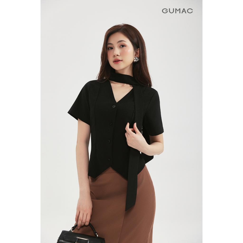 Áo Sơ Mi Nữ GUMAC Áo Kiểu Tay Ngắn Cổ V Phối Dây Cách Điệu Thiết Kế Rã Decup Ôm Fit Tôn Dáng AF12019