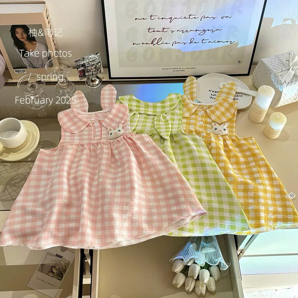 (Order) Váy sát nách caro hình thỏ lồi đáng yêu mùa hè dành cho bé gái