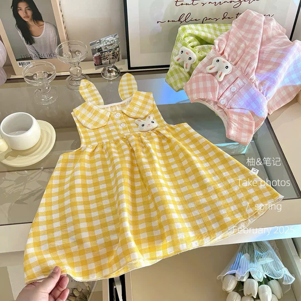 (Order) Váy sát nách caro hình thỏ lồi đáng yêu mùa hè dành cho bé gái