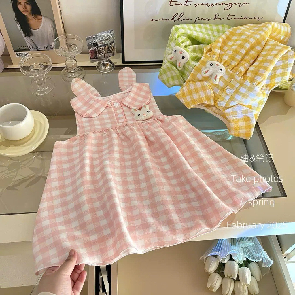 (Order) Váy sát nách caro hình thỏ lồi đáng yêu mùa hè dành cho bé gái