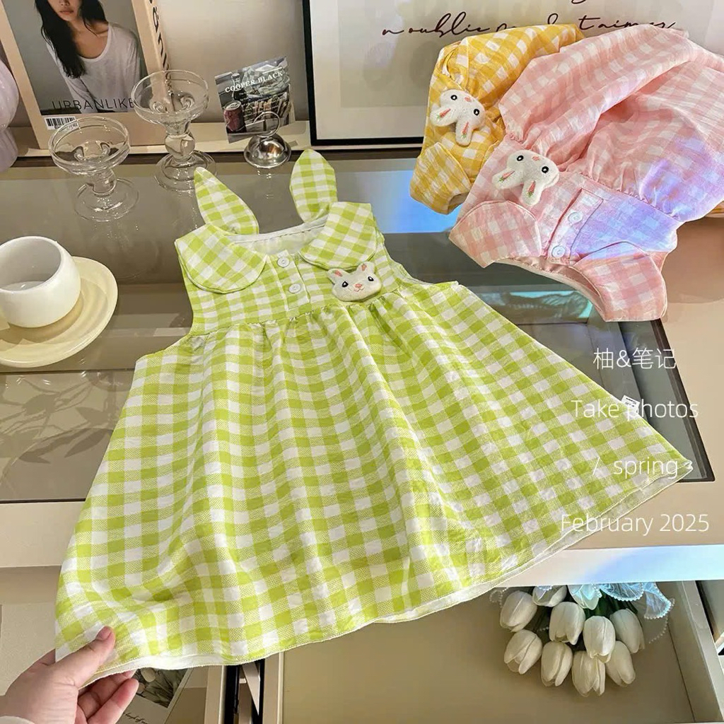 (Order) Váy sát nách caro hình thỏ lồi đáng yêu mùa hè dành cho bé gái