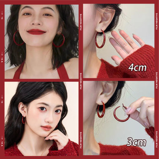 Bông tai tròn màu đỏ đô phong cách Hồng Kông cổ điển, đơn giản, thanh lịch, bông tai kỳ nghỉ hè