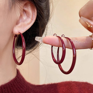 Bông tai tròn màu đỏ đô phong cách Hồng Kông cổ điển, đơn giản, thanh lịch, bông tai kỳ nghỉ hè