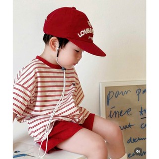 Bộ cộc tay bé trai kẻ ngang tone đỏ Style Hàn quần kaki, chất liệu cotton mềm mát tặng size 7-25kg