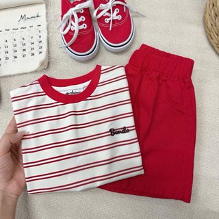 Bộ cộc tay bé trai kẻ ngang tone đỏ Style Hàn quần kaki, chất liệu cotton mềm mát tặng size 7-25kg