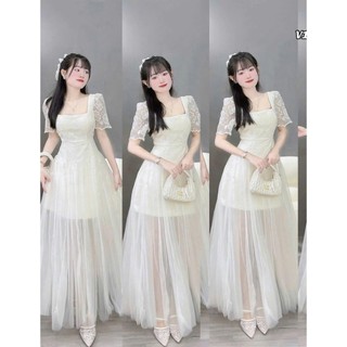 Đầm thời trang Nữ phong cách tao nhã chất ren hoa cổ vuông tay bồng phối tùng váy phủ lưới dài lã lơi dạo phố