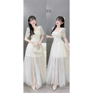 Đầm thời trang Nữ phong cách tao nhã chất ren hoa cổ vuông tay bồng phối tùng váy phủ lưới dài lã lơi dạo phố