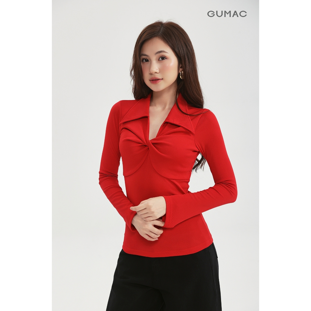 Áo polo GUMAC kiểu form slim tay dài xoắn ngực áo có đánh eo lai ngang APF12053