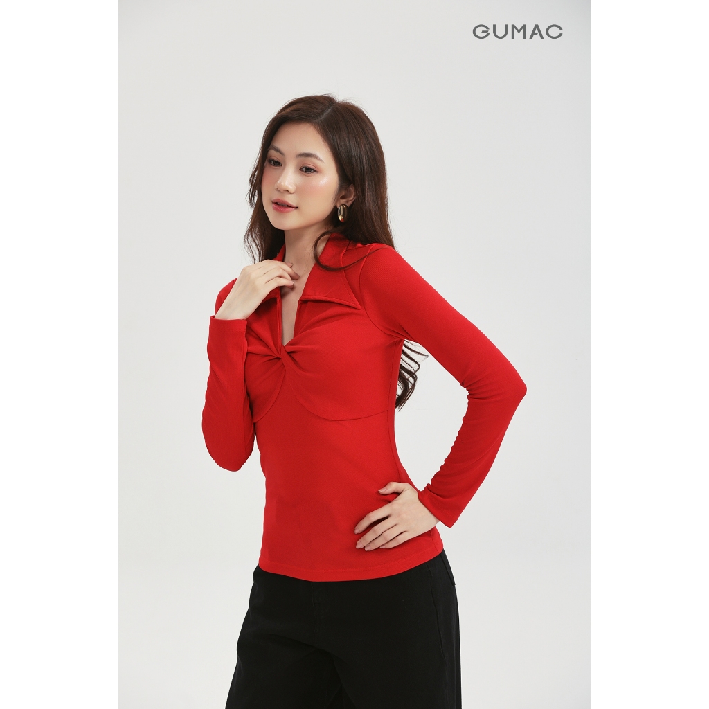 Áo polo GUMAC kiểu form slim tay dài xoắn ngực áo có đánh eo lai ngang APF12053