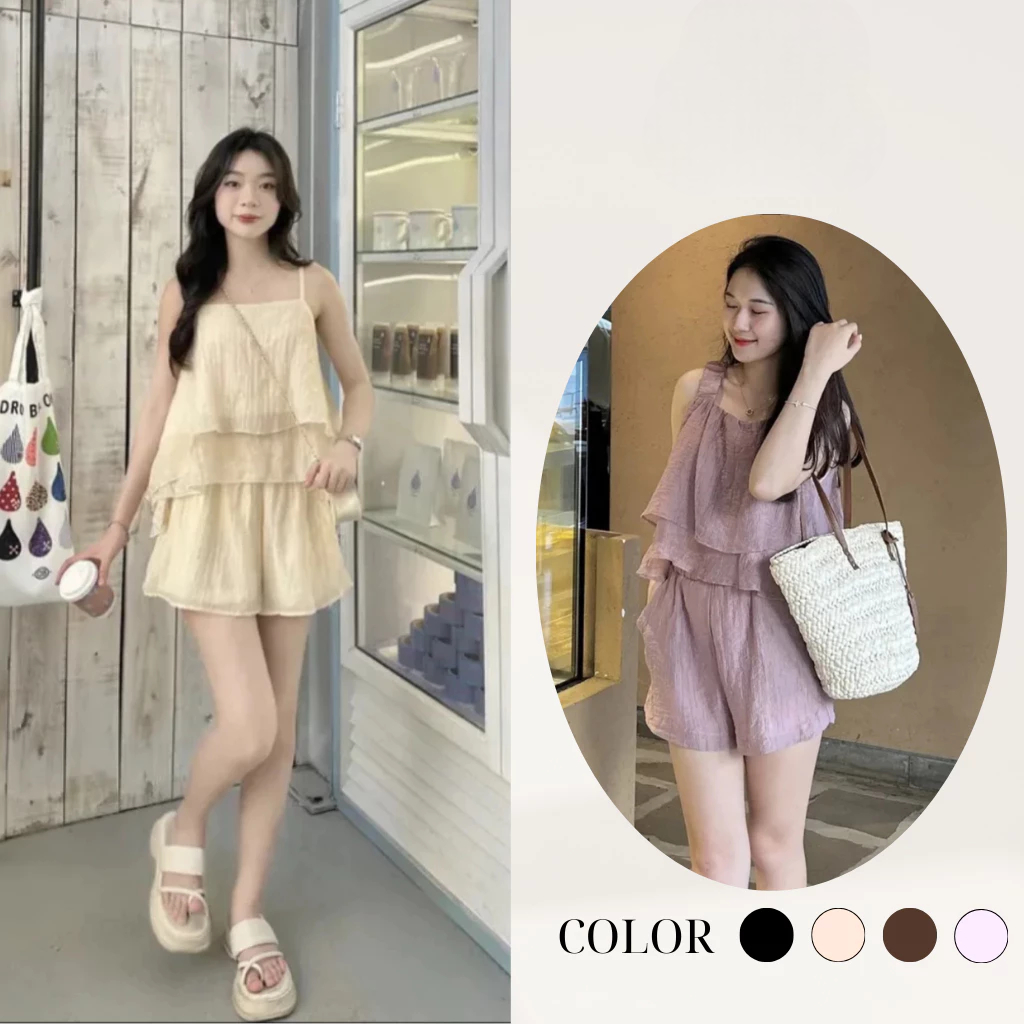 [Peinn] Set bộ đồ nữ 2 dây mềm mại thoáng mát, bộ đũi lụa áo dây xếp tầng kèm quần short  thời trang H Store