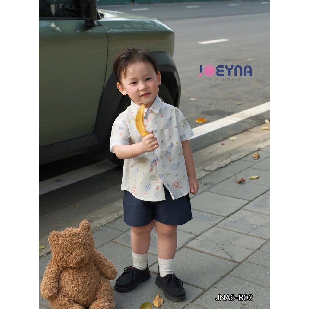 Bộ sơ mi Joeyna B03 họa tiết khinh khí cầu cho bé 8-23kg