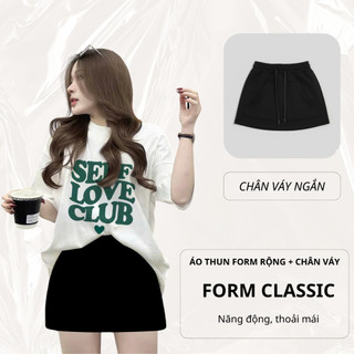 Set Bộ Áo Phông Nữ Chepol Form Rộng, In Chữ, Cổ Tròn, Phối Chân Váy, Chất Cotton ( Áo Thun Trắng + Chân Váy Đen)CP_10192