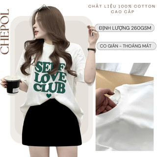 Set Bộ Áo Phông Nữ Chepol Form Rộng, In Chữ, Cổ Tròn, Phối Chân Váy, Chất Cotton ( Áo Thun Trắng + Chân Váy Đen)CP_10192