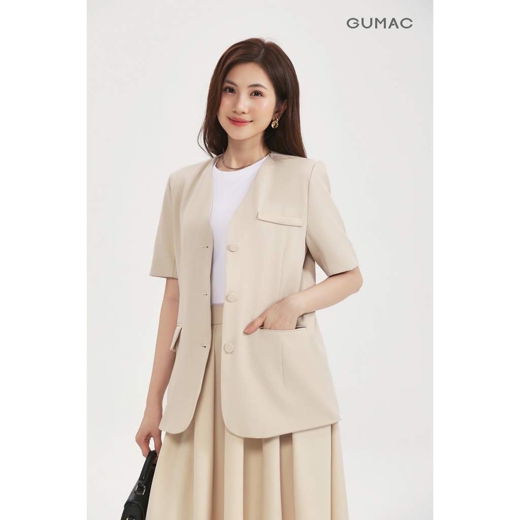 Áo Blazer Tay Ngắn GUMAC Dáng Suông Đệm Vai Mỏng Thiết Kế 2 Lớp Cao Cấp LOWG0104