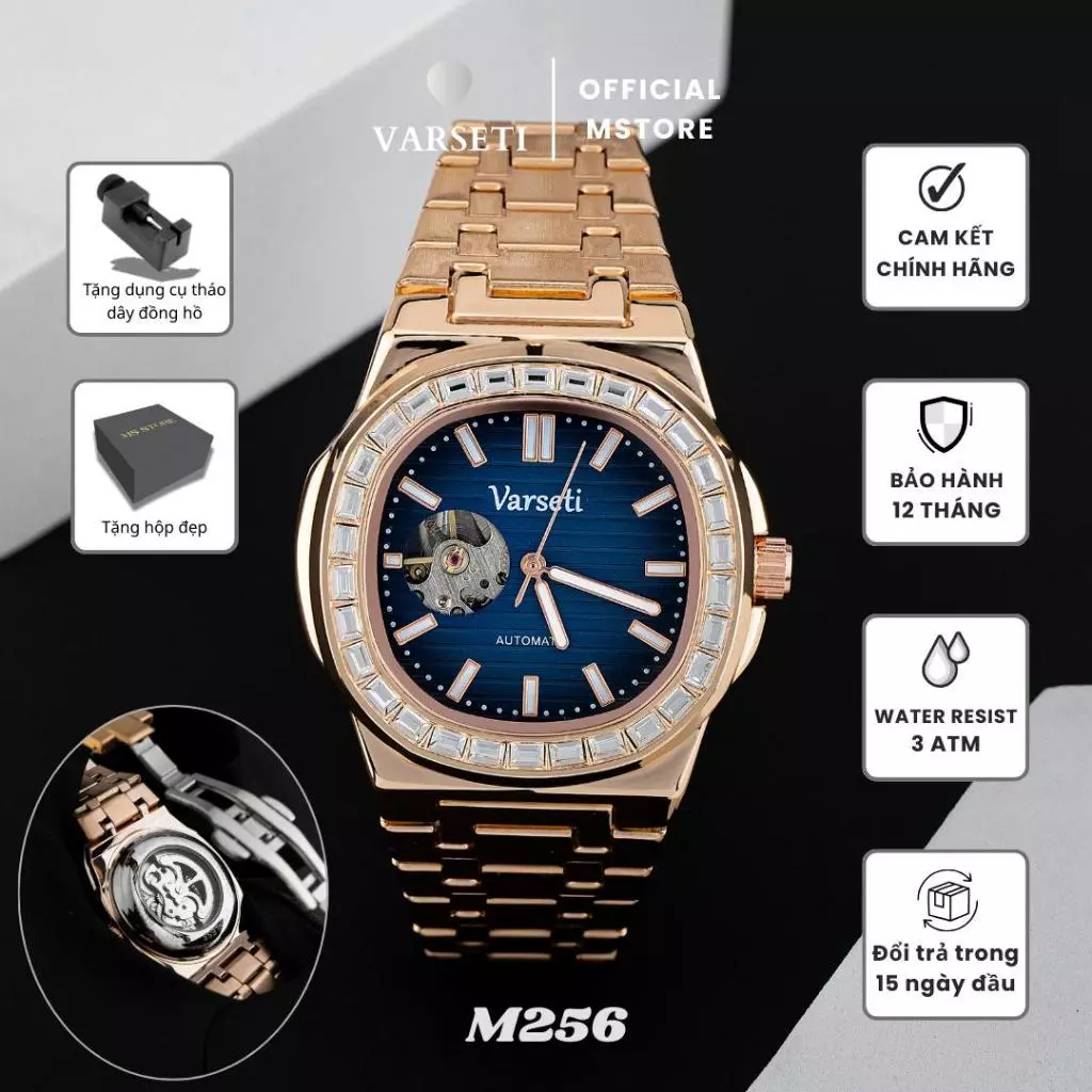 Đồng Hồ Nam Varseti M256 Máy Cơ Mặt Xanh Lục Viền Đá Lộ Cơ Góc 9h Dây Thép Mạ Vàng Hồng