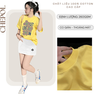 Set Bộ Áo Phông Nữ Chepol Form Rộng, In Hoa, Cổ Tròn, Phối Chân Váy, Chất Cotton( Áo Thun Vàng + Chân Váy Trắng)CP_x7133