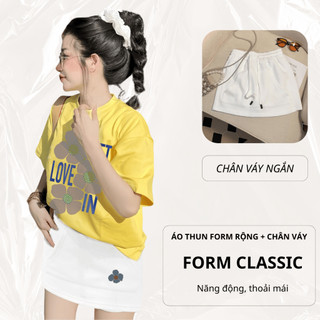 Set Bộ Áo Phông Nữ Chepol Form Rộng, In Hoa, Cổ Tròn, Phối Chân Váy, Chất Cotton( Áo Thun Vàng + Chân Váy Trắng)CP_x7133