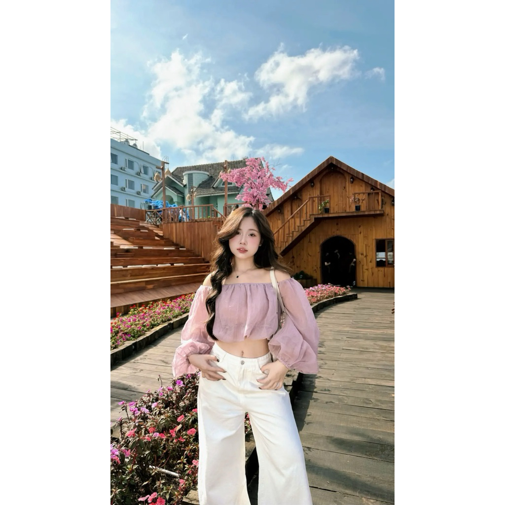 | LYN WEAR | (HOẢ TỐC) Áo Trễ Vai Tay Phồng Nữ Croptop Dáng Bí xuyên thấu nhẹ Mặc Tết, Đi Chơi, Đi Tiệc Nhẹ