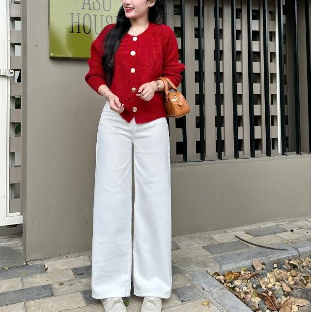 Quần jean ống rộng màu trắng Joolate quần bò ống loe màu trắng cạp cao form rộng chùm chân quần đi làm đi học