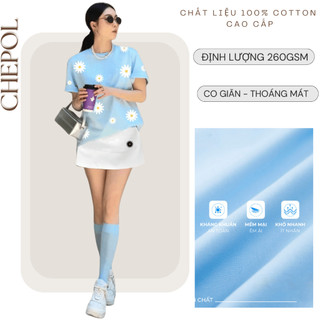 Set Bộ Áo Thun Nữ CHEPOL Form Rộng, Cổ Tròn, Phối Chân Váy Ngắn, In Hoa, Chất Cotton(Áo Phông Xanh Biển+Cv ngắn)CP_10212