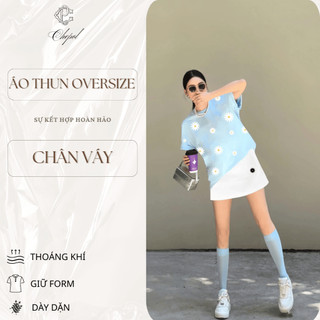 Set Bộ Áo Thun Nữ CHEPOL Form Rộng, Cổ Tròn, Phối Chân Váy Ngắn, In Hoa, Chất Cotton(Áo Phông Xanh Biển+Cv ngắn)CP_10212