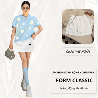 Set Bộ Áo Thun Nữ CHEPOL Form Rộng, Cổ Tròn, Phối Chân Váy Ngắn, In Hoa, Chất Cotton(Áo Phông Xanh Biển+Cv ngắn)CP_10212
