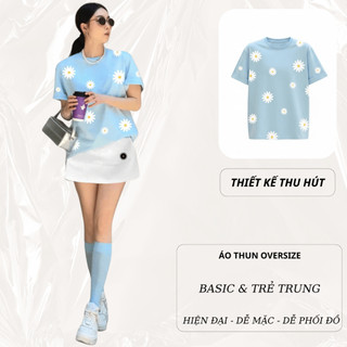 Set Bộ Áo Thun Nữ CHEPOL Form Rộng, Cổ Tròn, Phối Chân Váy Ngắn, In Hoa, Chất Cotton(Áo Phông Xanh Biển+Cv ngắn)CP_10212