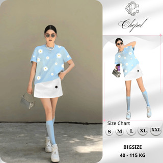 Set Bộ Áo Thun Nữ CHEPOL Form Rộng, Cổ Tròn, Phối Chân Váy Ngắn, In Hoa, Chất Cotton(Áo Phông Xanh Biển+Cv ngắn)CP_10212
