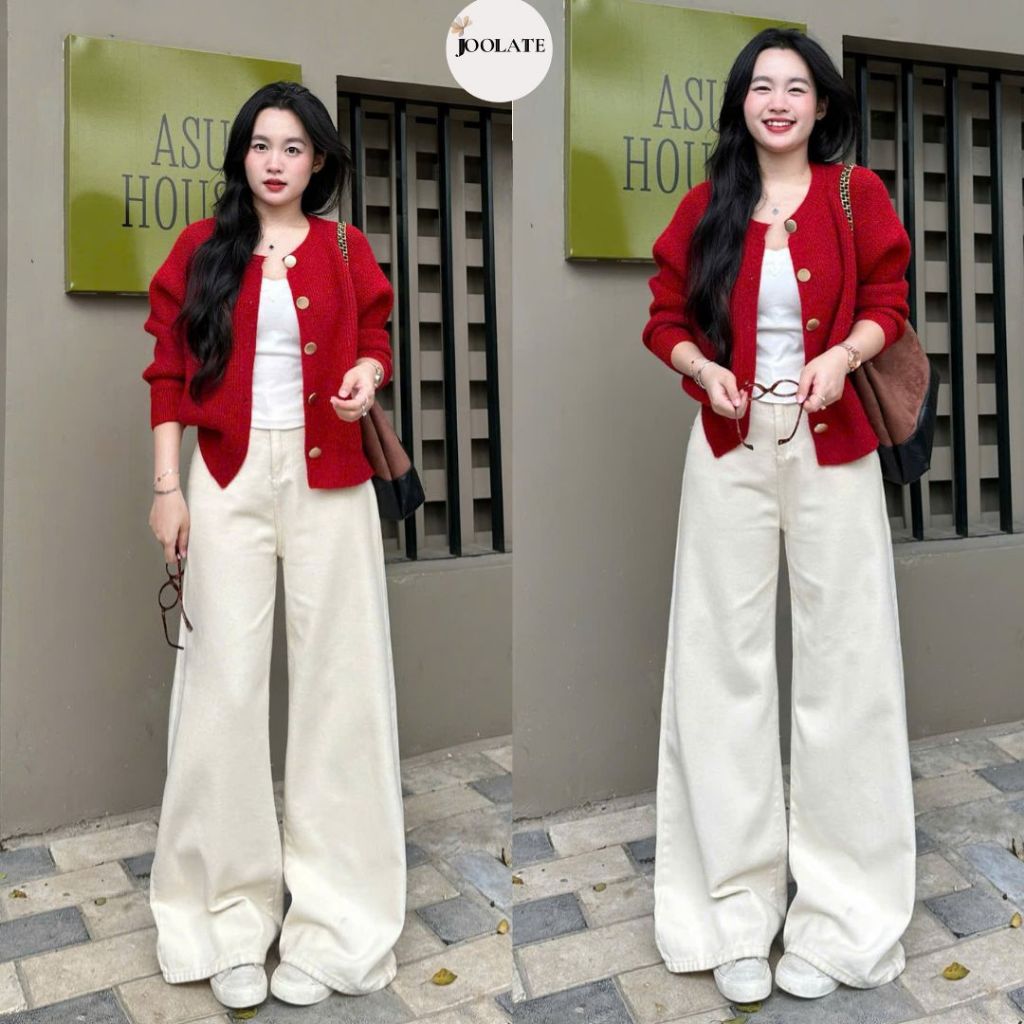 Quần jeans bò Joolate màu kem ống suông rộng phong cách Hàn Quốc