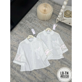 Áo sơ mi thô tay lỡ thêu logo CL cổ sen pha ren #85130
