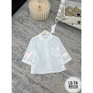 Áo sơ mi thô tay lỡ thêu logo CL cổ sen pha ren #85130