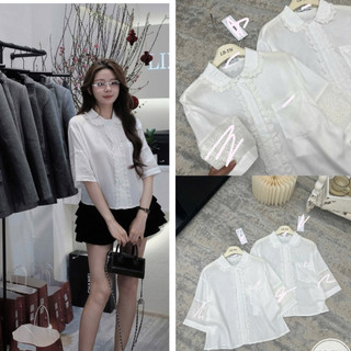 Áo sơ mi thô tay lỡ thêu logo CL cổ sen pha ren #85130