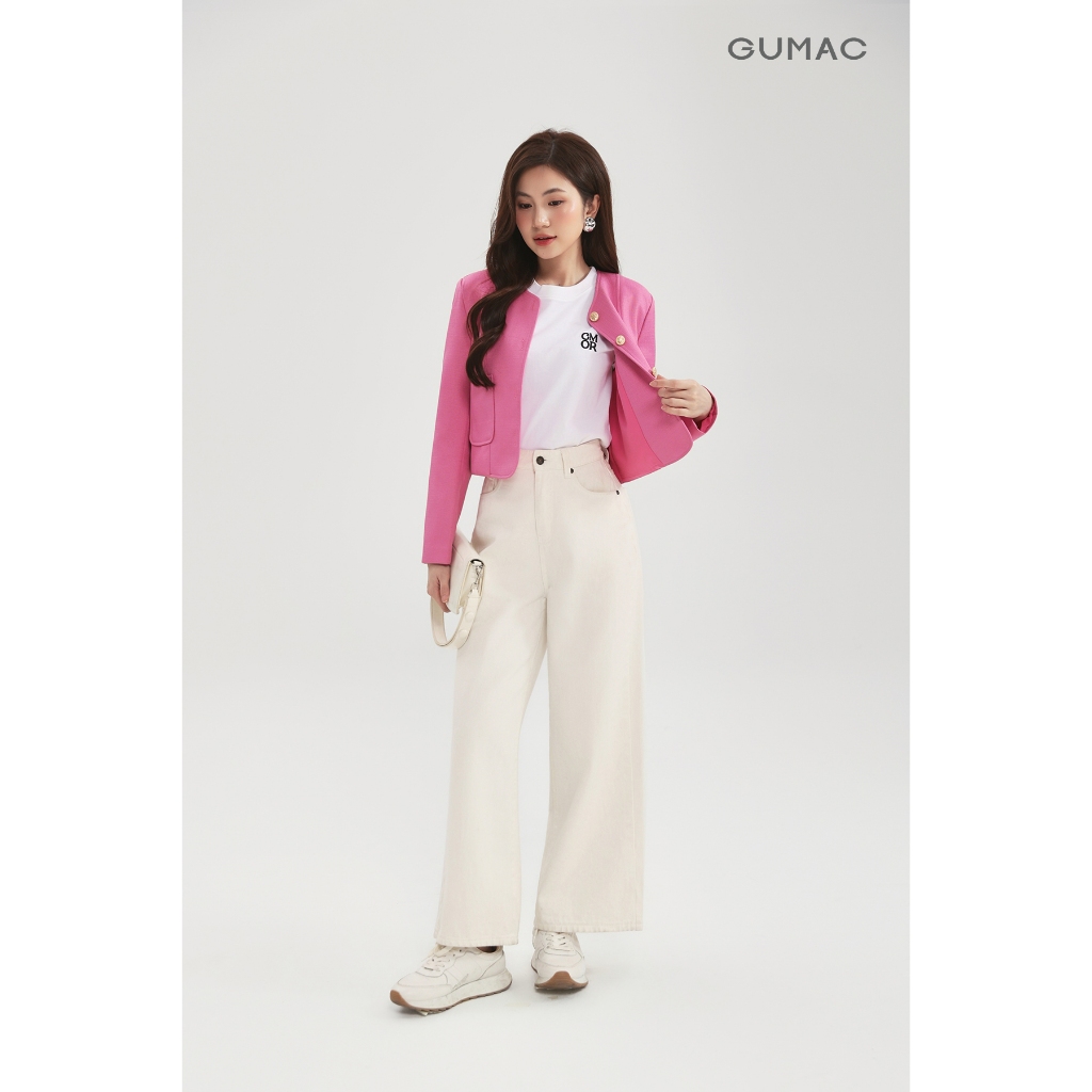 Quần Jeans Nữ GUMAC Màu Trắng Form Suông Cạp Cao Tôn Dáng Túi Hàm Ếch Cá Tính LQJF1102