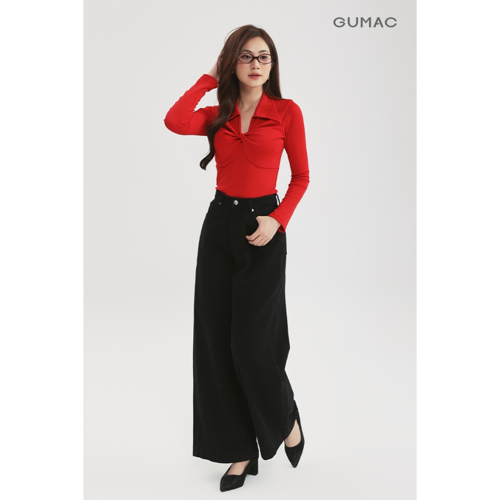 Áo Polo Nữ Tay Dài GUMAC Form Ôm Điểm Nhấn Xoắn Ngực Cách Điệu APF12053