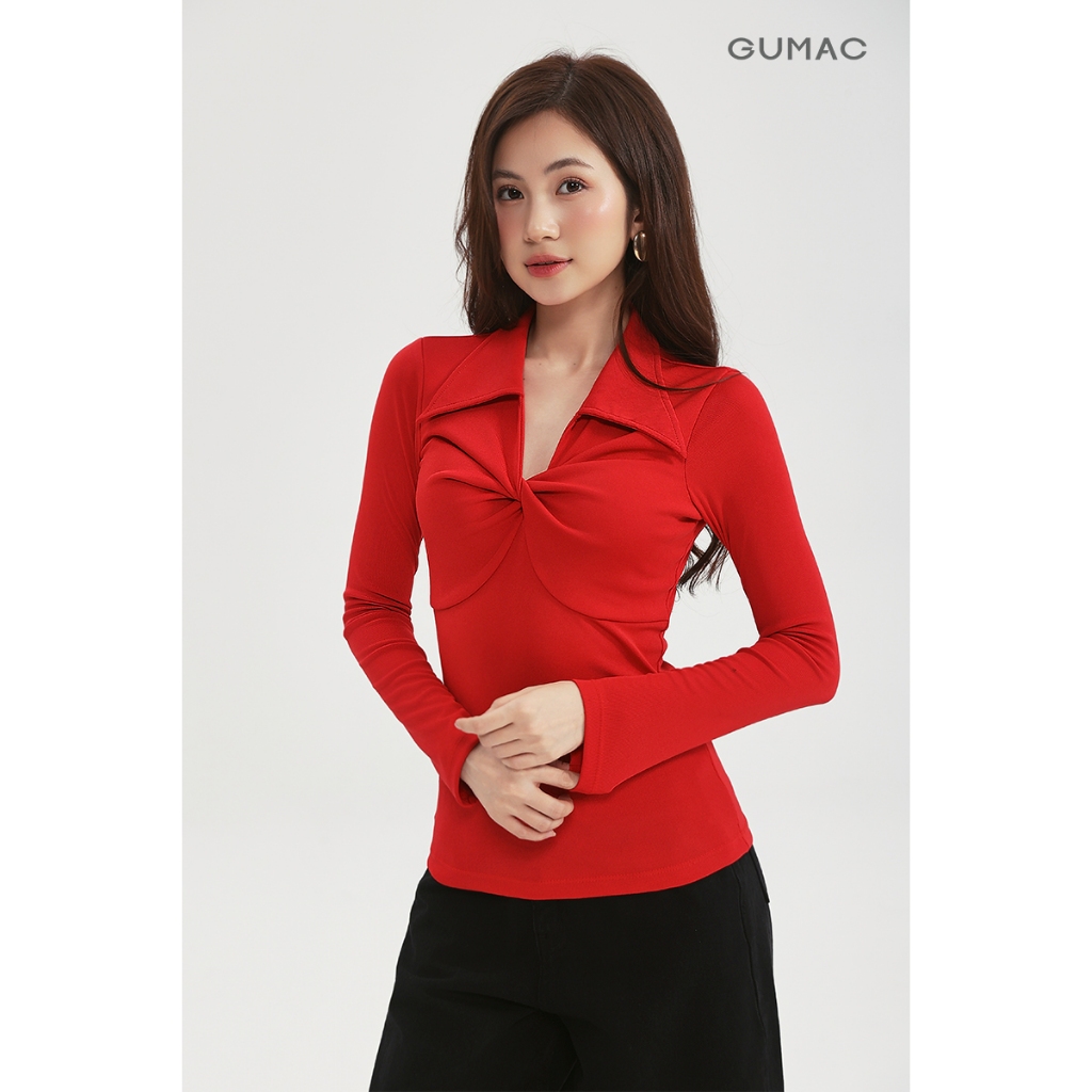 Áo Polo Nữ Tay Dài GUMAC Form Ôm Điểm Nhấn Xoắn Ngực Cách Điệu APF12053