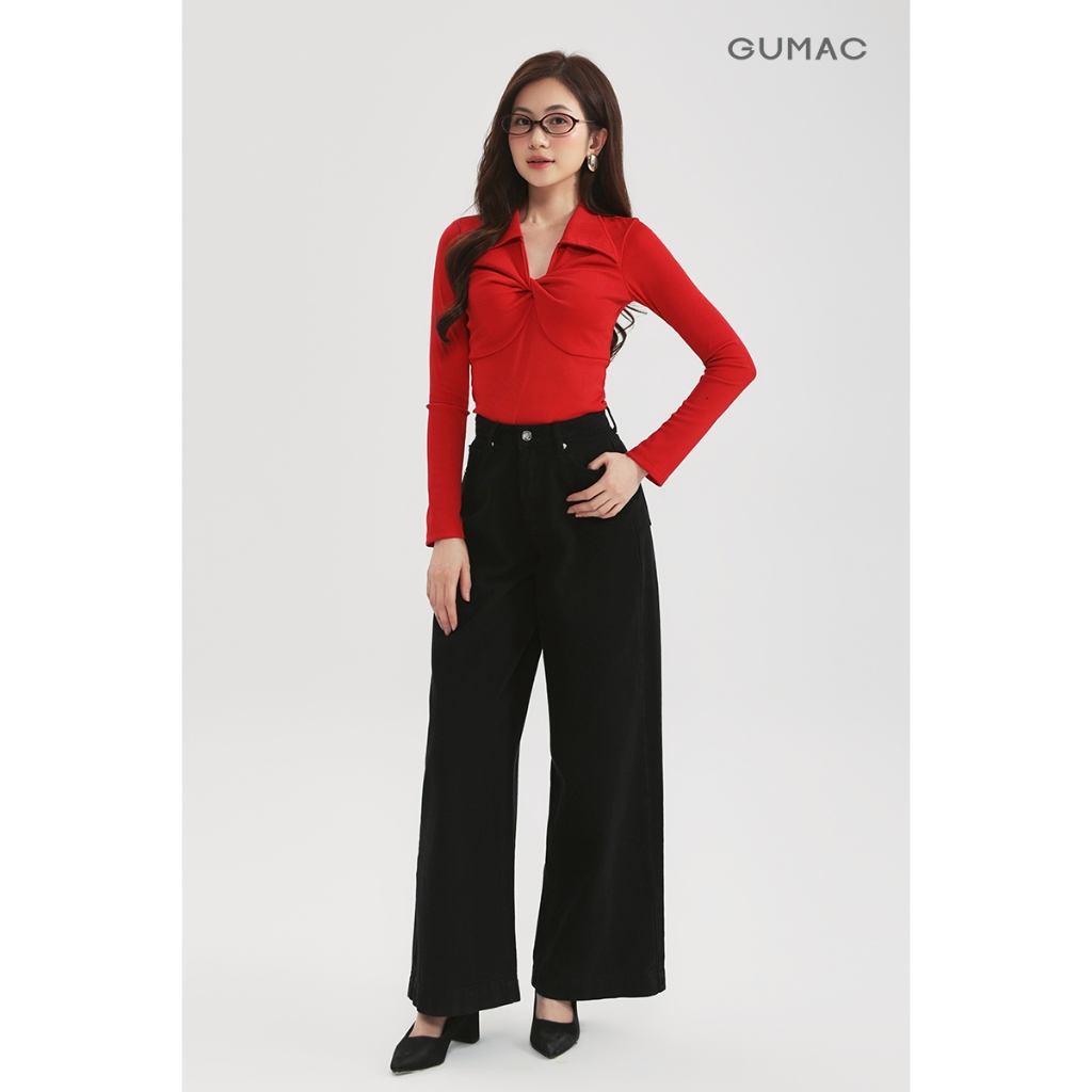 Áo Polo Nữ Tay Dài GUMAC Form Ôm Điểm Nhấn Xoắn Ngực Cách Điệu APF12053