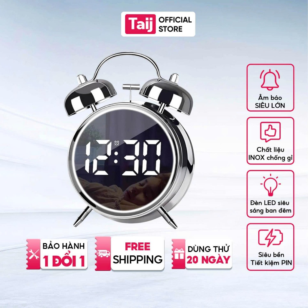 Đồng Hồ Báo Thức Taij Decor, Đồng Hồ Hai Chuông Mặt Số Điện Tử LED Hai Chuông Âm Thanh Đanh