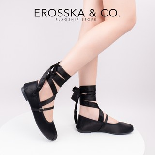 Erosska - Giày balletcore quai ngang mũi nhăn, phối dây satin thời trang màu kem  - EL112