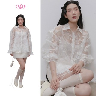 Áo sơ mi OLV hoa dáng suông bồng bềnh tiểu thư White Fleur Sheer Lace Shirt phù hợp đi chơi
