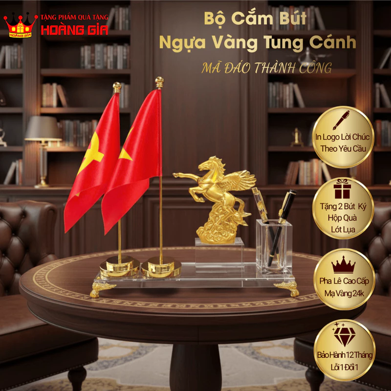 Bộ Cắm Bút Ngựa Vàng Tung Cánh 2026, Hộp Cắm Bút Pha Lê Mã Đáo Thành Công Phong Thủy Để Bàn Làm Việc — ảnh 1