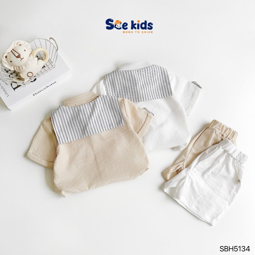 [Tặng kèm khăn buộc] Bộ sơ mi cộc tay bé trai trơn màu fom rộng, set sơ mi hàng oversize công tử bé trai