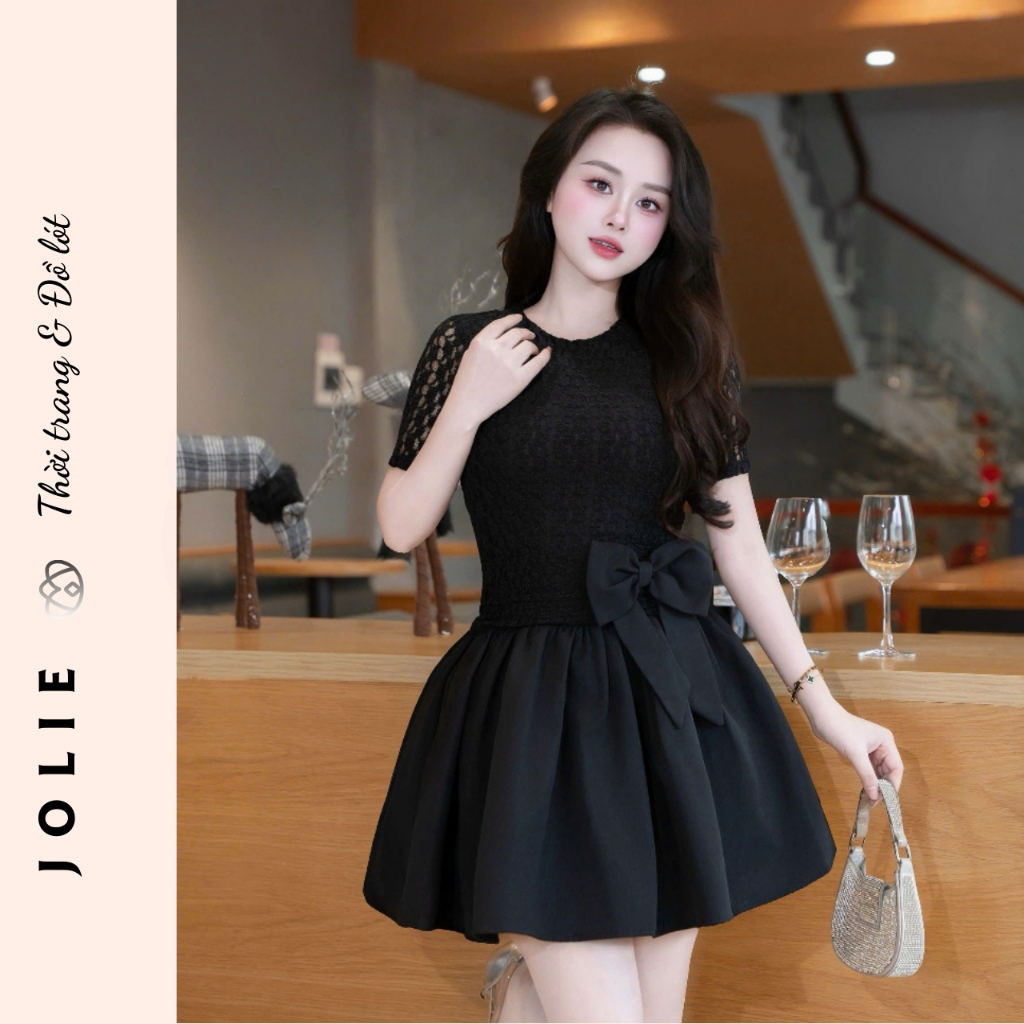 Váy Đầm Dự Tiệc JOLIE - Đầm Xoè Phối Ren Cao Cấp Đính Nơ Eo Xinh Xắn, Phong Cách Tiểu Thư Thanh Lịch
