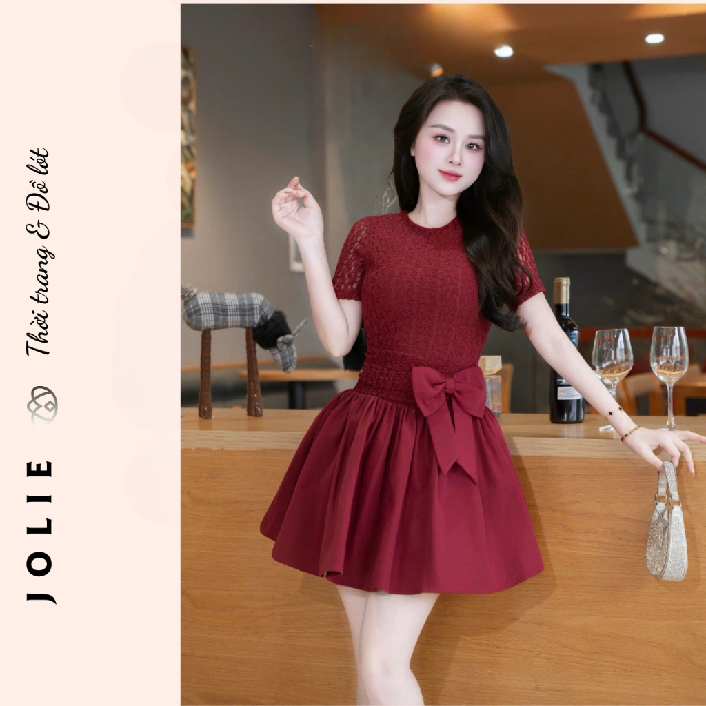 Váy Đầm Dự Tiệc JOLIE - Đầm Xoè Phối Ren Cao Cấp Đính Nơ Eo Xinh Xắn, Phong Cách Tiểu Thư Thanh Lịch
