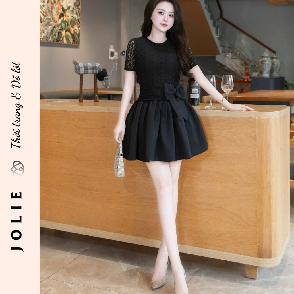 Váy Đầm Dự Tiệc JOLIE - Đầm Xoè Phối Ren Cao Cấp Đính Nơ Eo Xinh Xắn, Phong Cách Tiểu Thư Thanh Lịch
