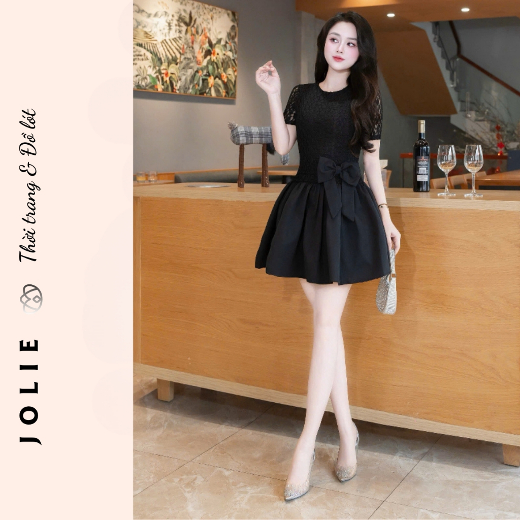 Váy Đầm Dự Tiệc JOLIE - Đầm Xoè Phối Ren Cao Cấp Đính Nơ Eo Xinh Xắn, Phong Cách Tiểu Thư Thanh Lịch